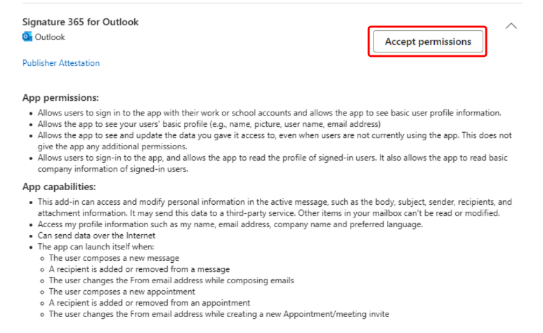 Deployment page prompting to accept required permissions for Signature 365 add-in