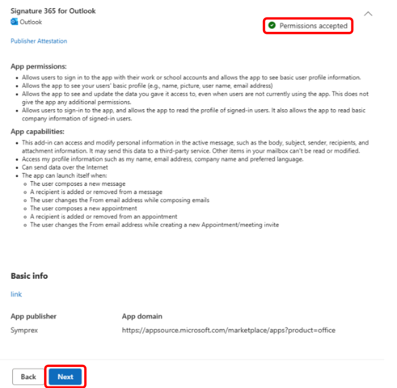 Deployment page showing Permissions accepted with Next button active